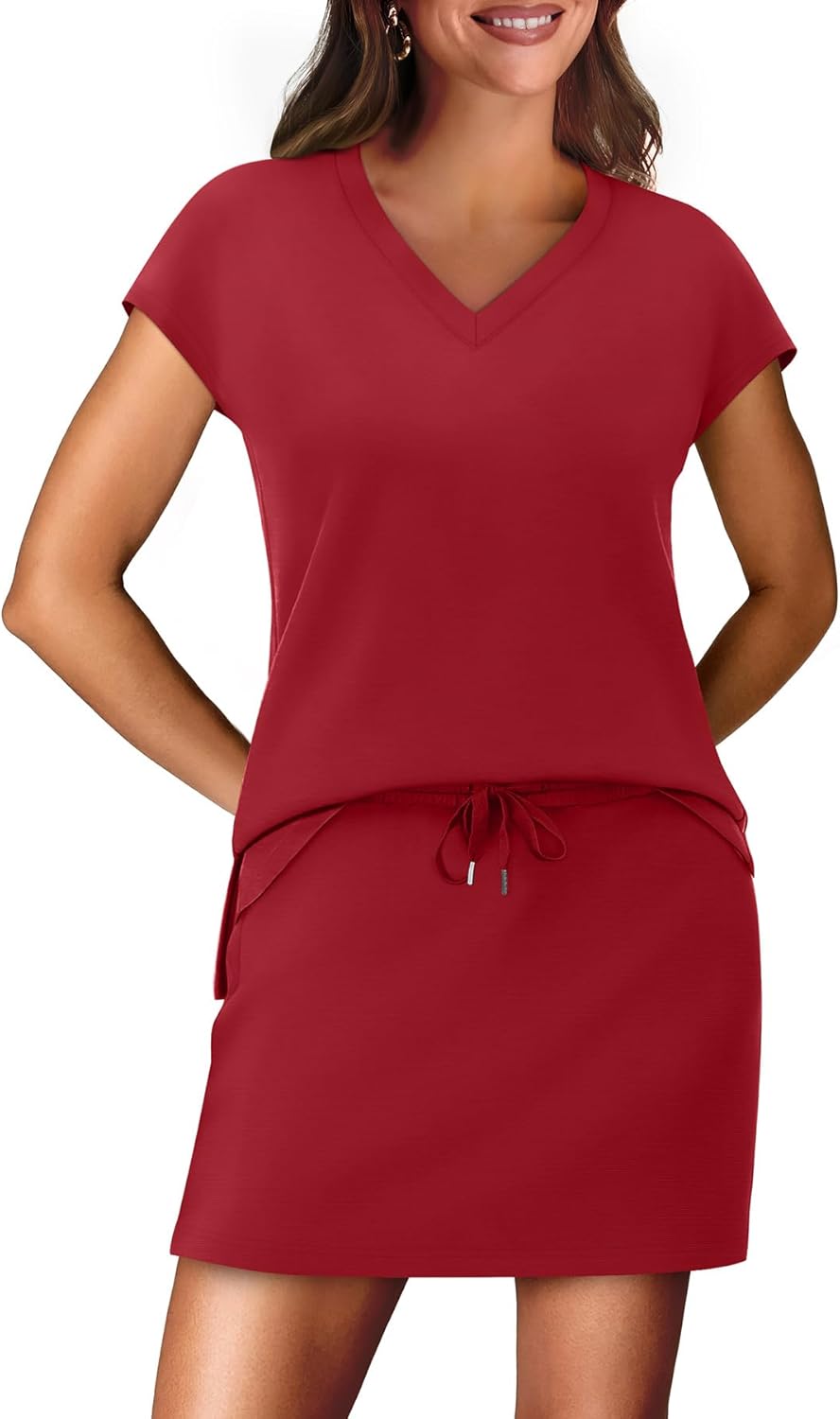 Thumbnail 6 de WIHOLL Two-Piece Skirt Set for Women: Cap Sleeve V-Neck Top + Tennis Skirt with Built-In Shorts (XS–2XL)
