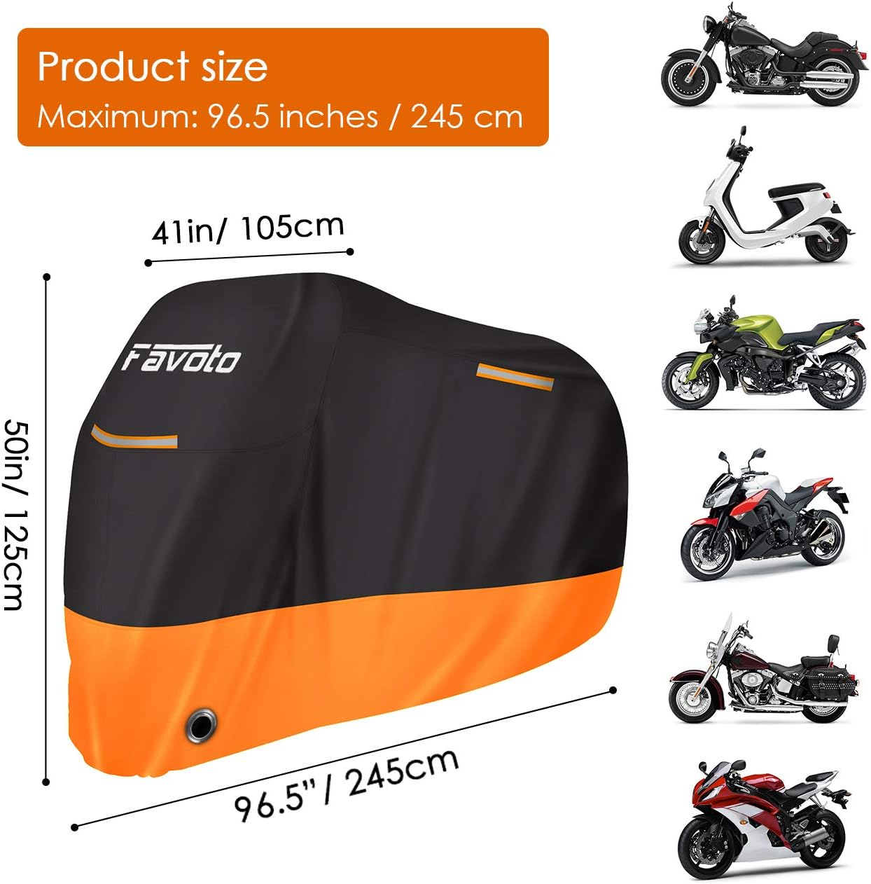 Thumbnail 5 de Favoto Telo Coprimoto 210D 245x105x125cm – Protezione impermeabile per moto e scooter (Nero Arancione)