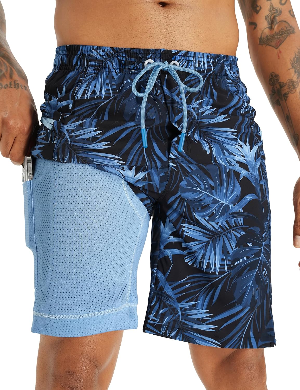 Detalle de APTRO Men's 9" Swim Trunks with Compression Liner, Zip Pocket and Quick-Dry Fabric