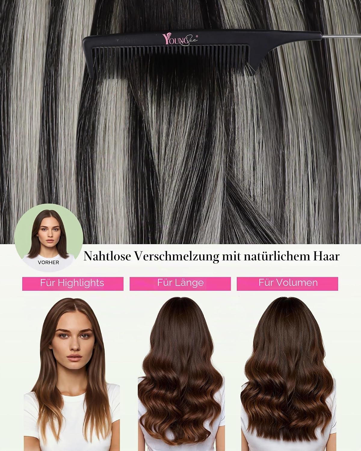 Detalle de YoungSee Tape Extensions Echthaar Ombre – 60 cm, Remy Echthaar, 50 g, 1B/S/1B