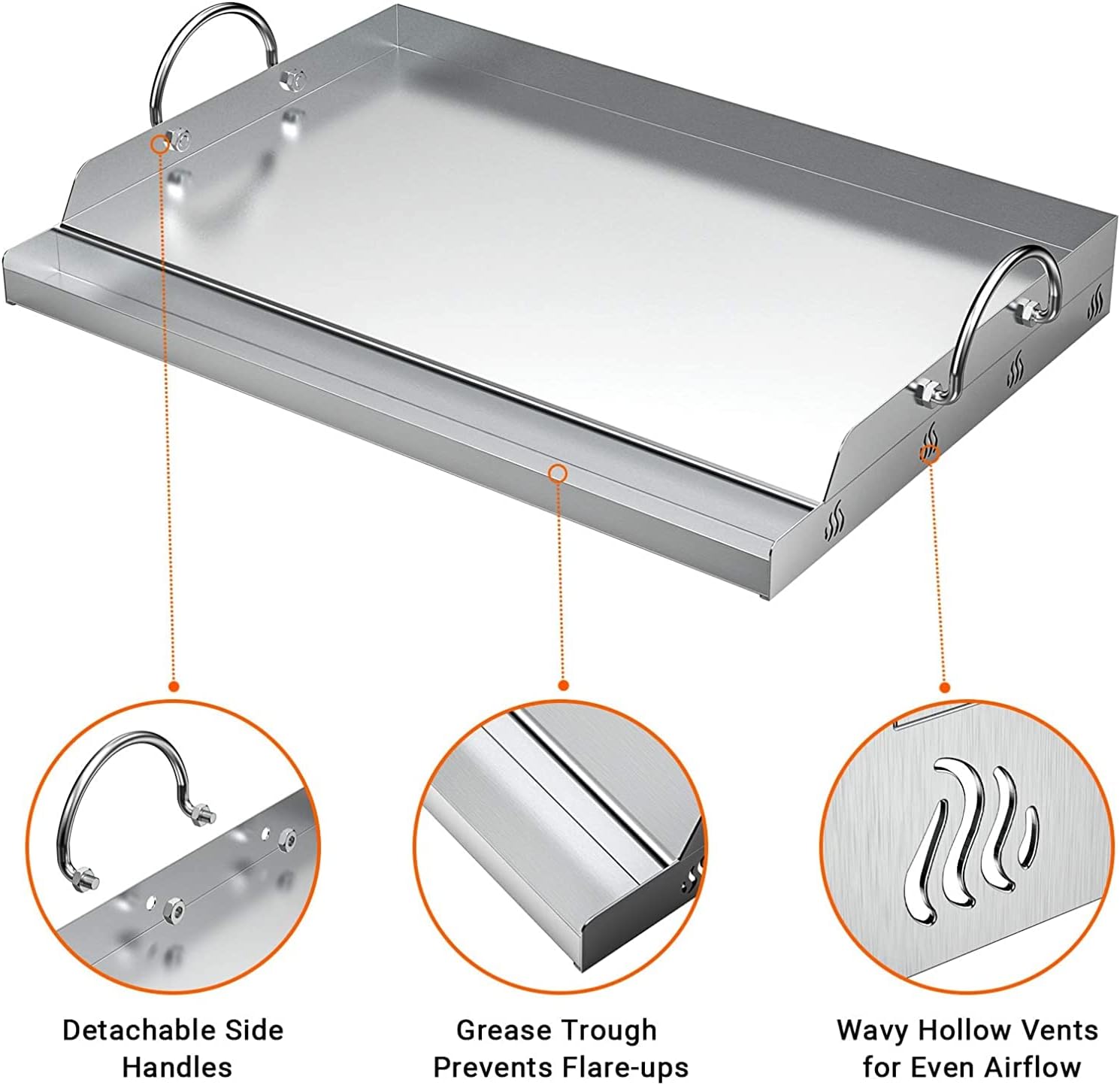 Detalle de onlyfire Stainless Steel Rectangle Griddle Plancha (62.8x40.6x7cm) for BBQ gas and charcoal grills