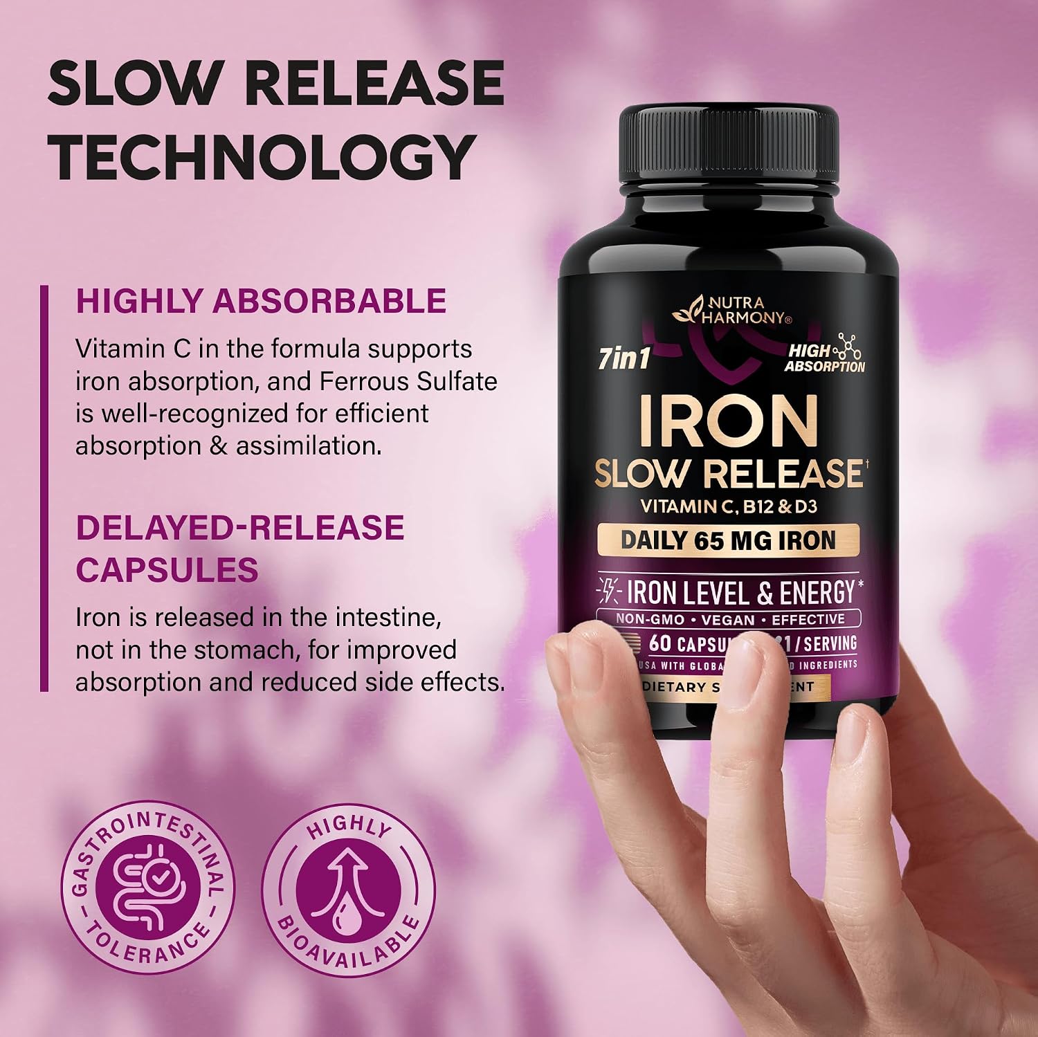 Detalle 2 de NUTRAHARMONY NH-IRNCPS60 Iron Supplement for Women, 65 mg Slow-Release