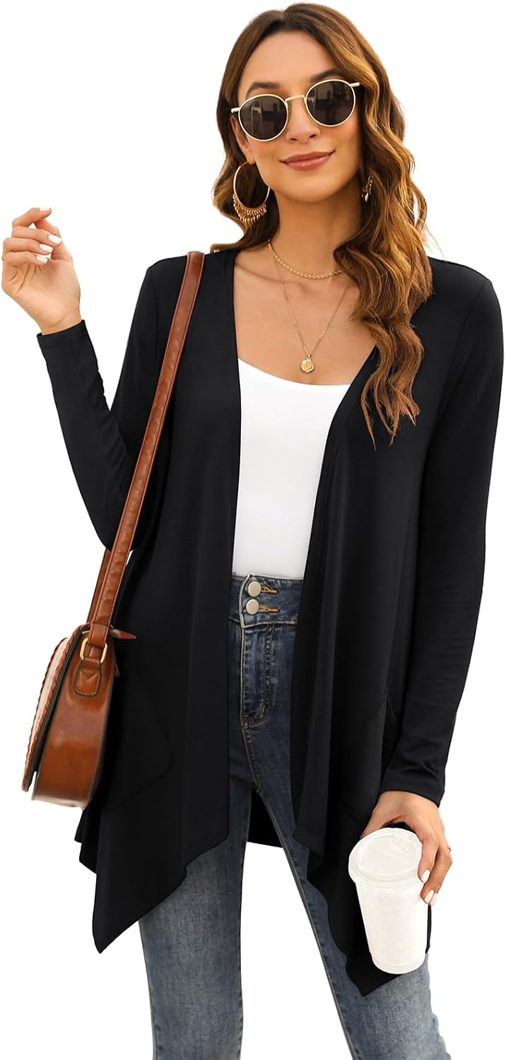 Detalle 2 de Veryoung Black Lightweight Cardigan for Women with Pockets and High-Low Hem