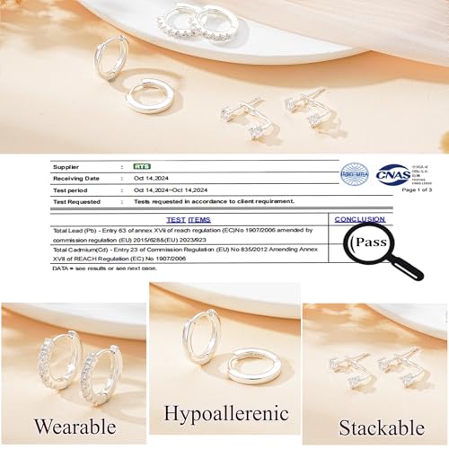 Detalle de Smilya 3 Pairs 925 Sterling Silver Stud Hoop Earrings Set for Women