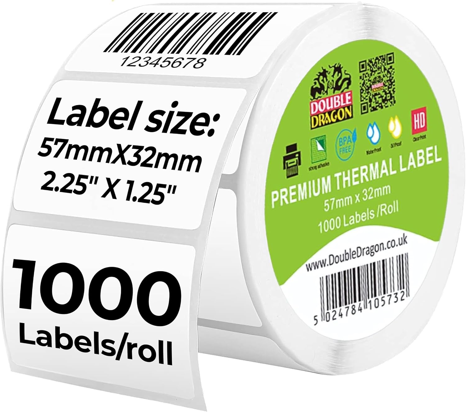 Double Dragon 57x32 Direct Thermal Labels on Roll – 1000 Labels, Permanent Adhesive