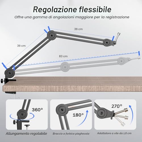 Detalle de FIFINE Braccio per Microfono con Clip e Adattatore – Supporto regolabile professionale per AM8, K658, K688 e A8