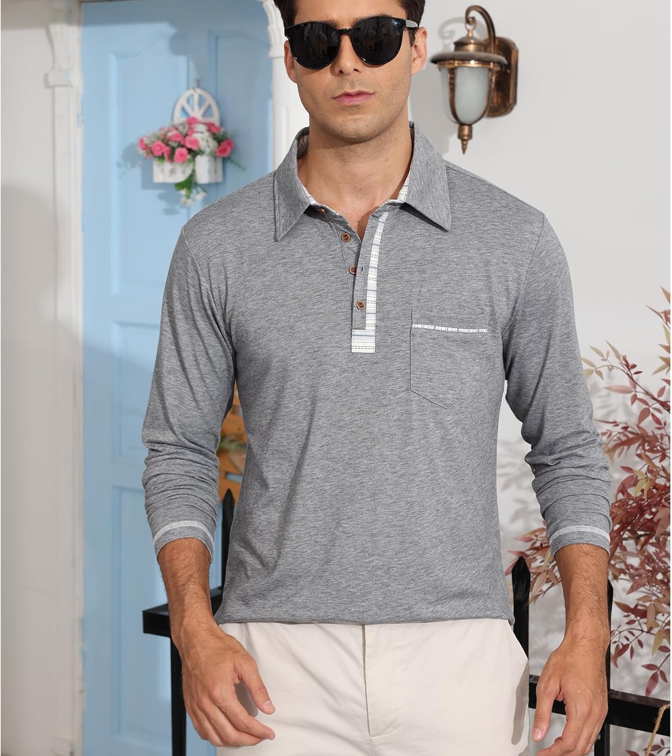 Detalle 2 de LAOARA poloshirt heren met lange mouwen, zak, contrastdetails en regular fit