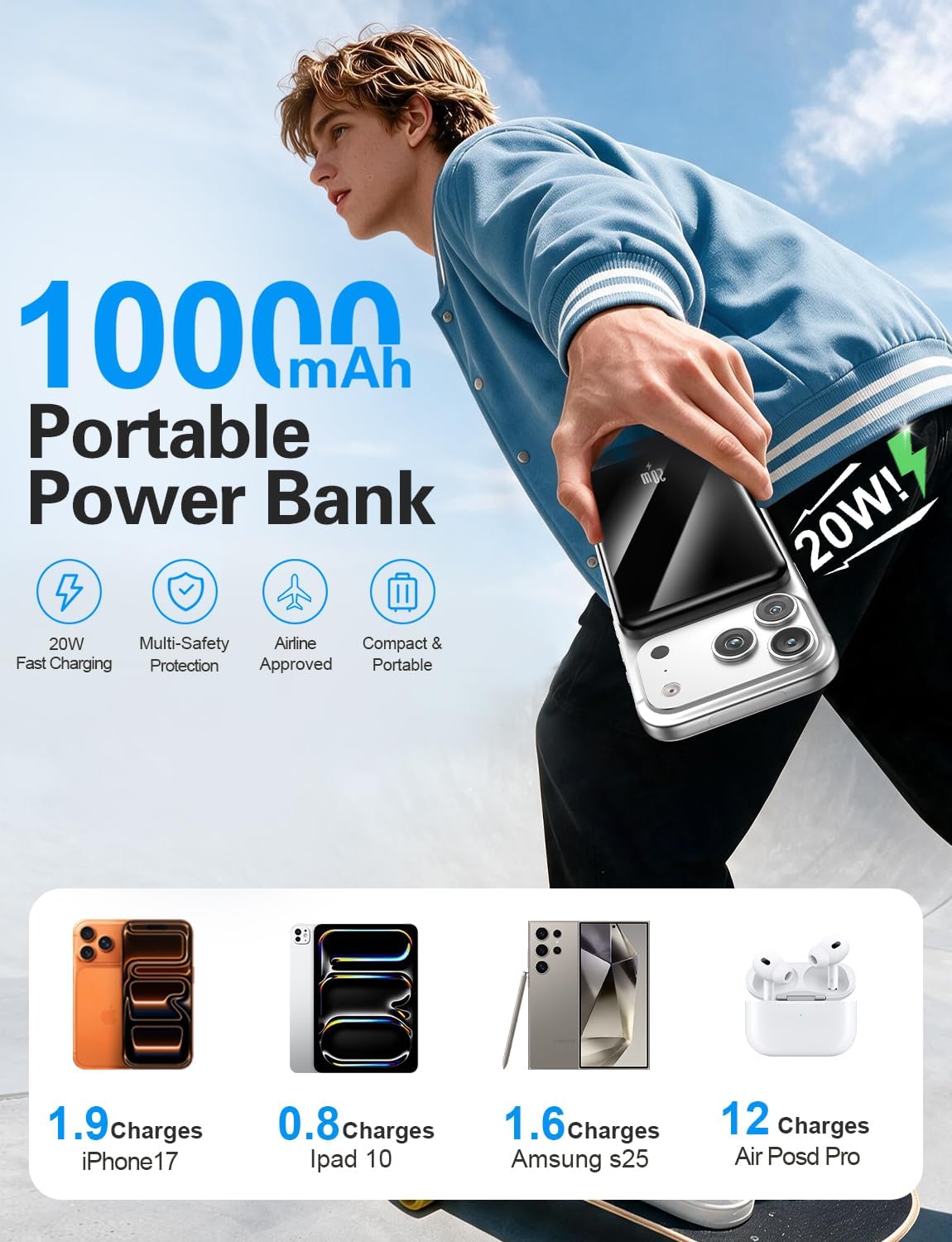 Detalle de Fuphine N3 10,000mAh Portable Charger with 20W Fast Charging and Built-In Cables
