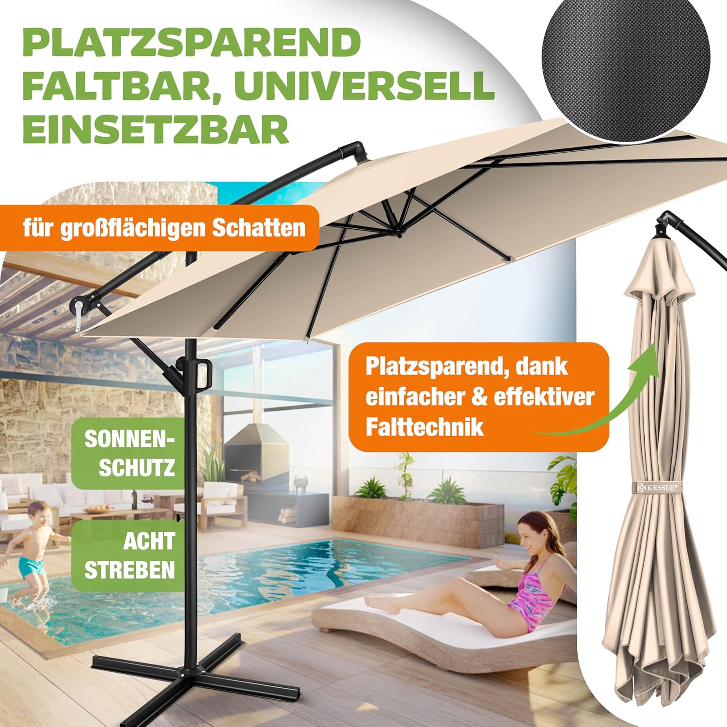 Thumbnail 3 de KESSER Sonnenschirm 250x250 cm – Kurbelschirm aus Aluminium, UV-Schutz, Windfest, Beige