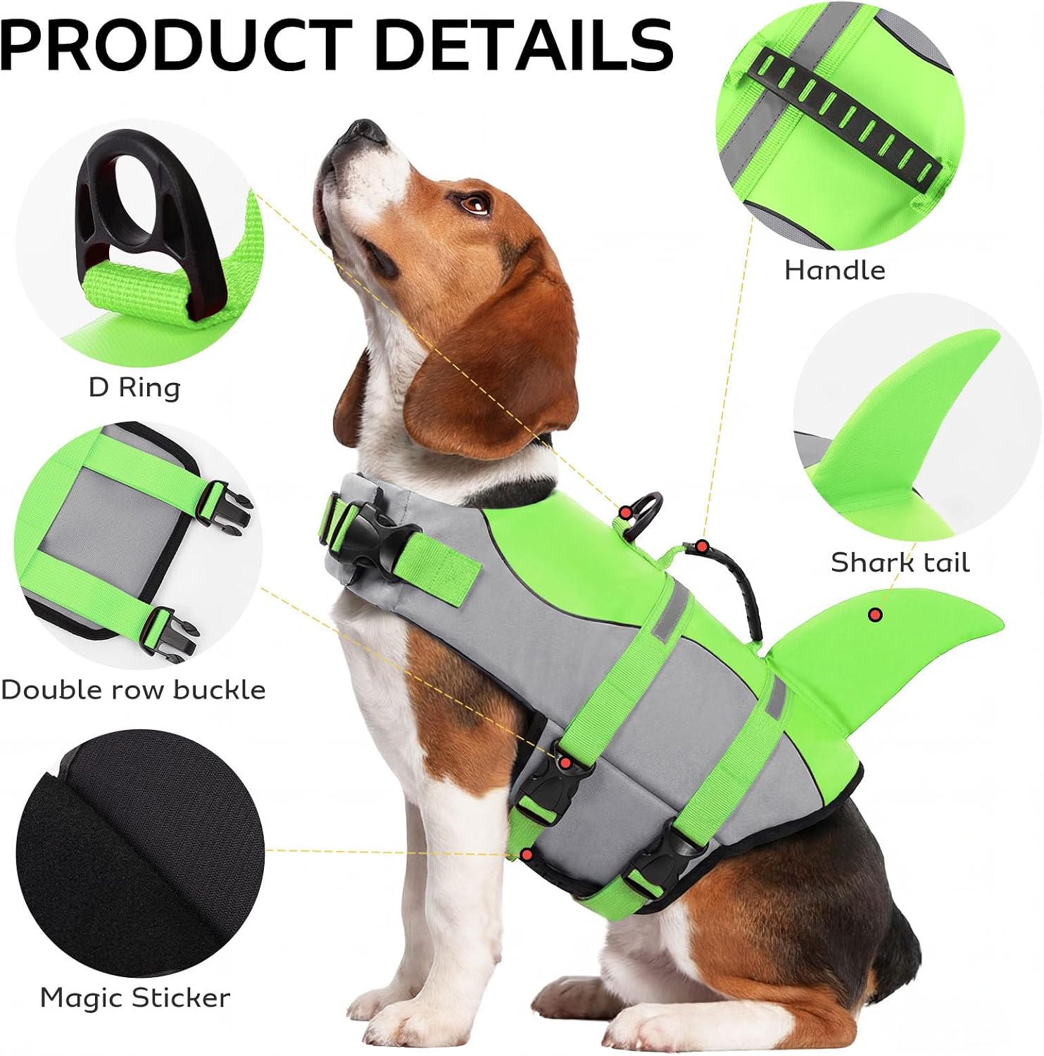 Detalle 2 de CITÉTOILE Dog Life Jacket Shark Costume – Safe, visible flotation vest for dogs (Green, M)