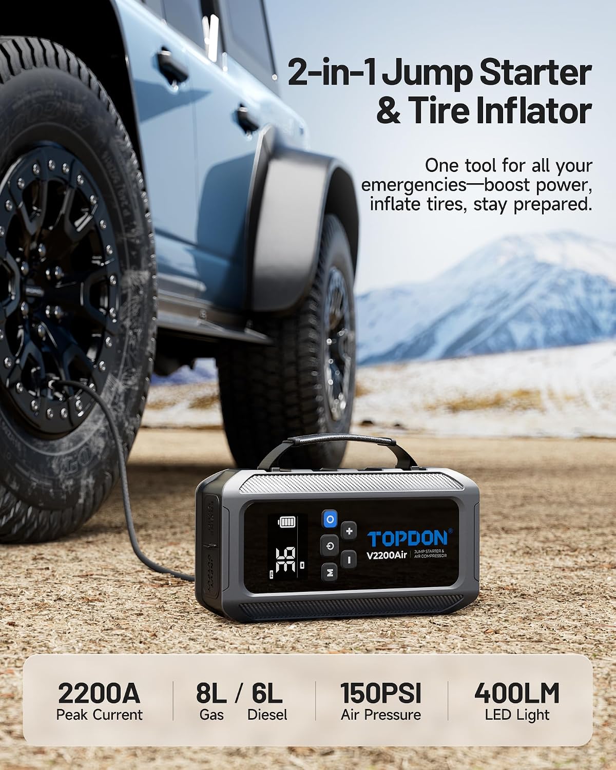 Detalle 2 de TOPDON V2200Air Booster: Batterie de démarrage 2200A, gonfleur 150 PSI et lampe LED