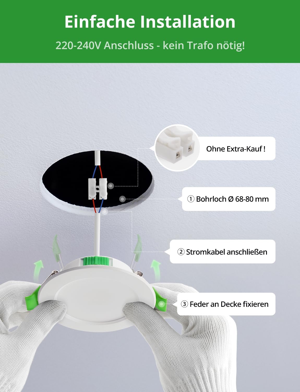 Thumbnail 4 de HOMEOW LED Einbaustrahler 230V 5W, 400LM – 10er Set, ultra flach 24mm, IP44, 68–80 mm Lochmaß, 2700K/4000K/6000K