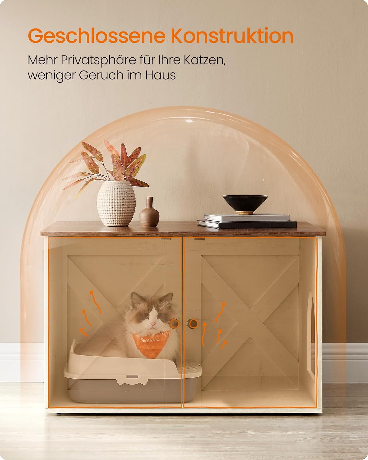 Detalle de Feandrea Katzenhaus: Katzenklo-Schrank, Tisch 70 x 50 x 50 cm in Honigbraun-Vintageweiß