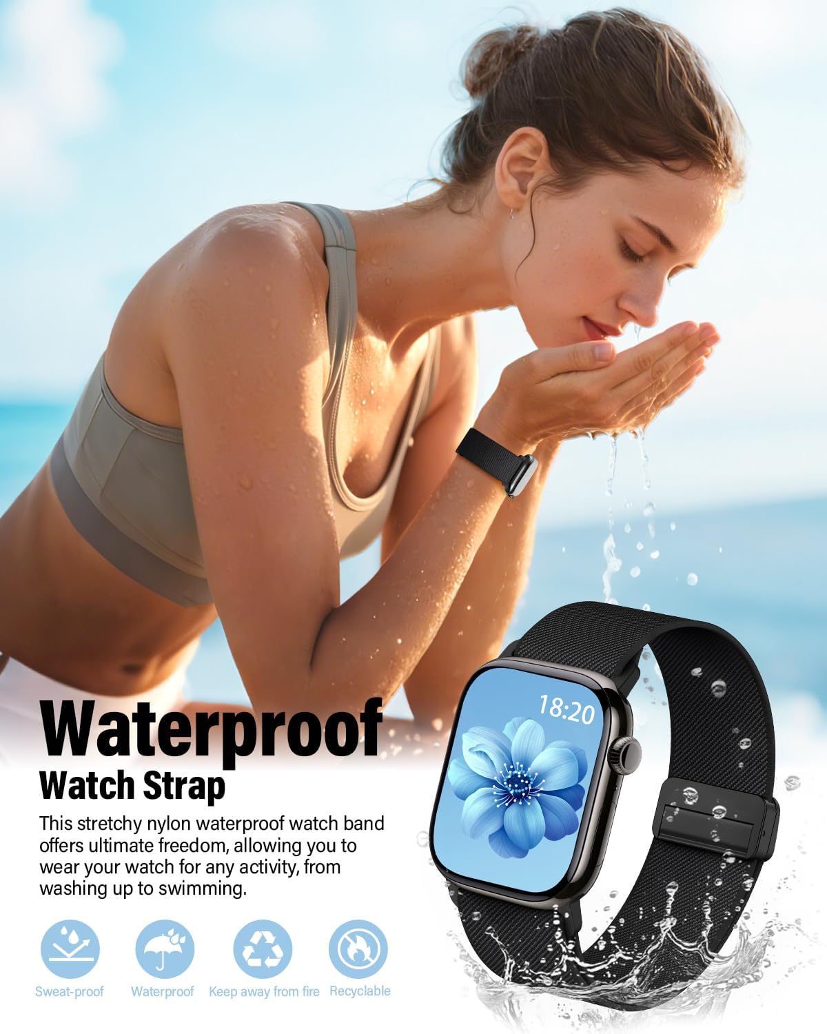Detalle de Black magnetic elastic nylon Apple Watch strap