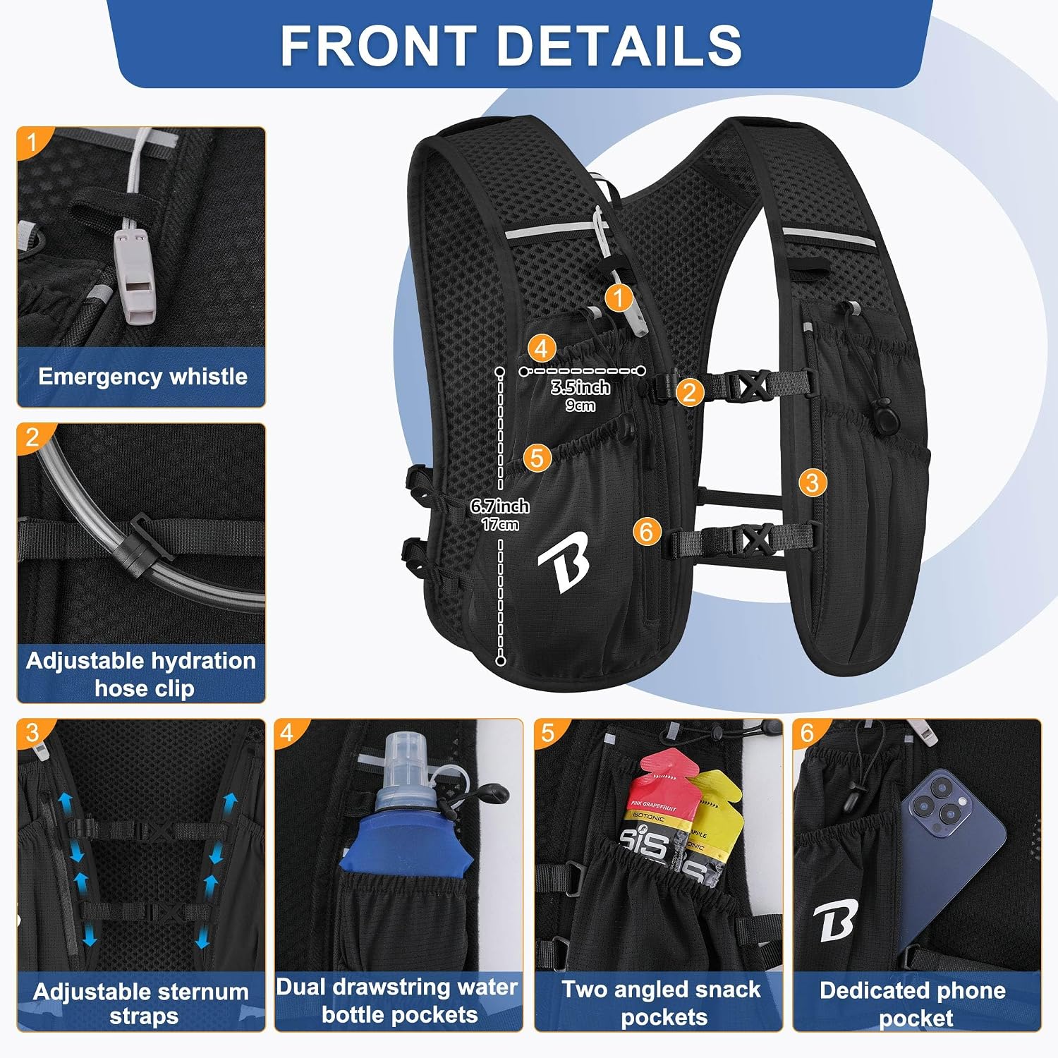 Detalle de Becojadde 5L/6L Hydration Running Vest: Lightweight Water Backpack for Marathon, Trail, Cycling & Hiking
