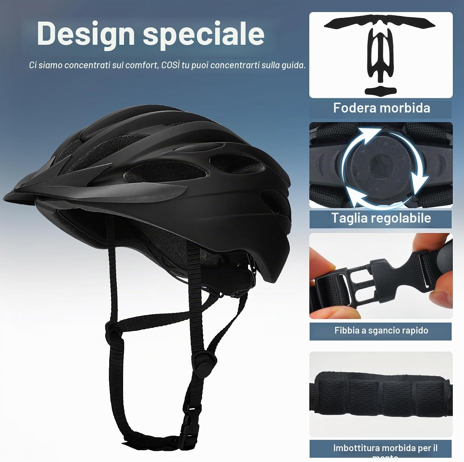 Detalle de Casco da bici da uomo e donna con luce LED, traspirante e visiera removibile – taglia 54–62 cm