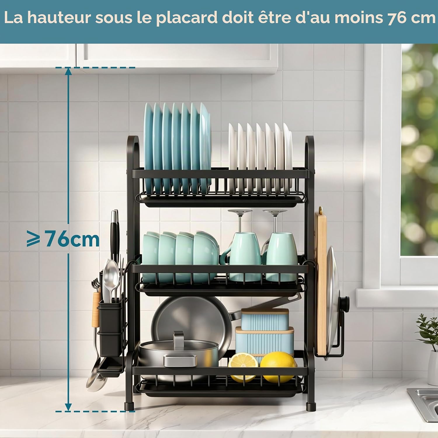 Detalle 2 de Niffgaff Égouttoir à Vaisselle Acier Inoxydable 3 étages Grand – Double plateau et support pour Couverts