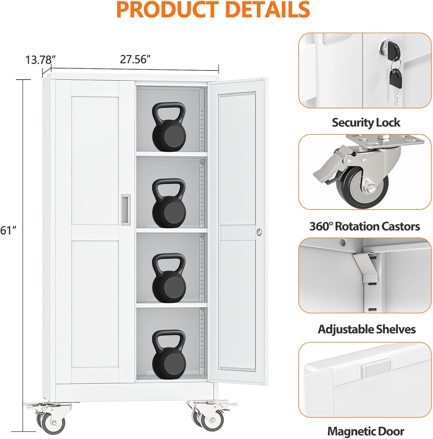 Thumbnail 2 de pozdeg PD-WAL-155W 61-Inch Rolling Steel Storage Cabinet, White, 3 Shelves