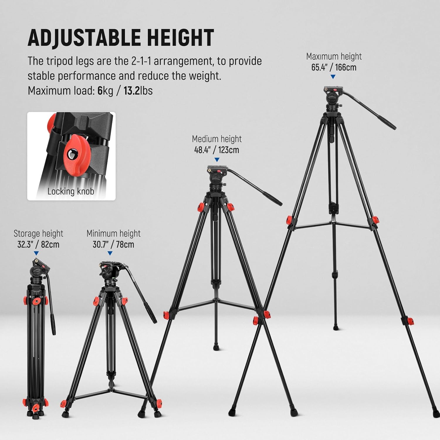 Detalle de NEEWER Video Tripod with Fluid Head, TP73: Heavy-Duty aluminium yet portable for DSLR, Camcorder and DJI gimbals