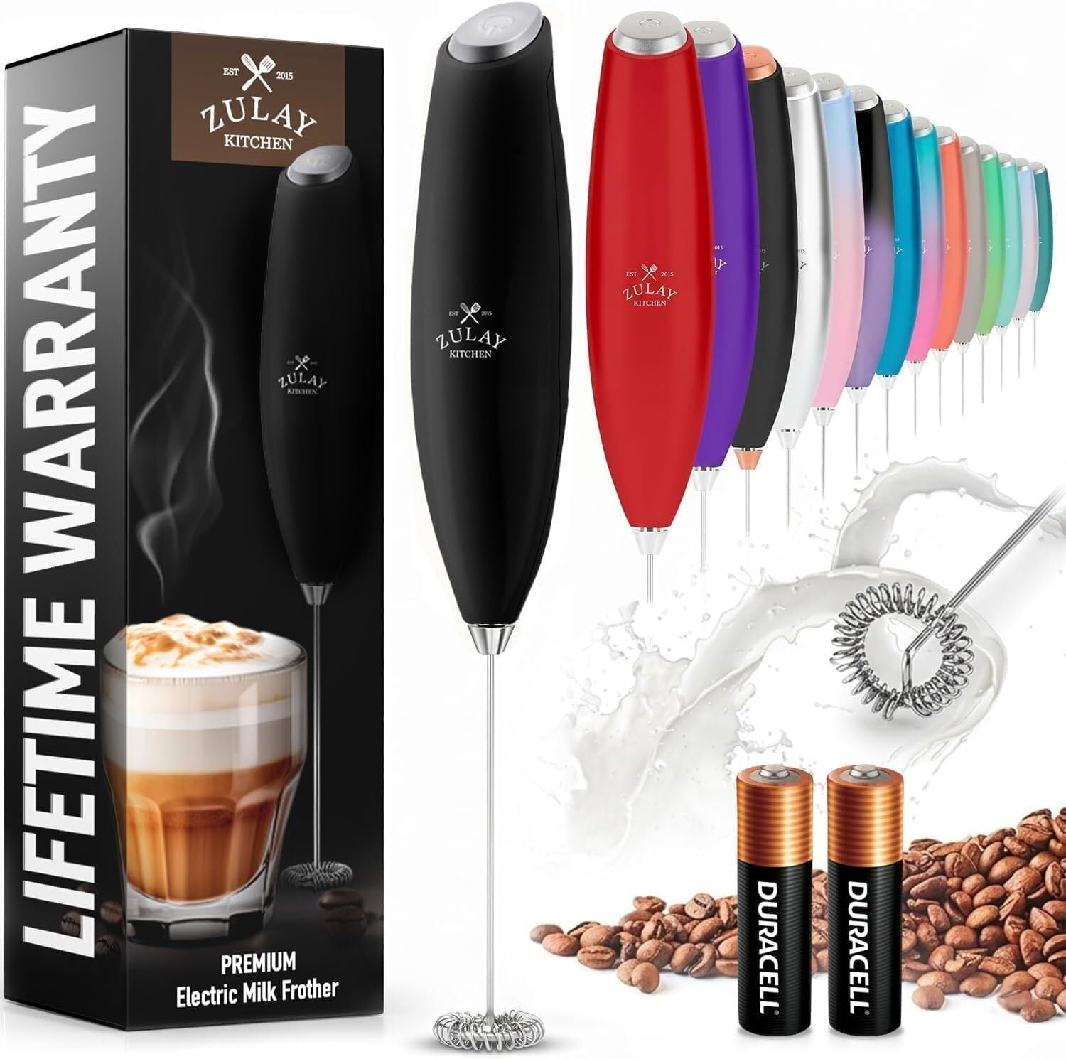 Zulay Kitchen Milk Frother Handheld Electric Whisk (Black) – Compact, Durable Frother Wand for Lattes, Matcha, Protein Shakes