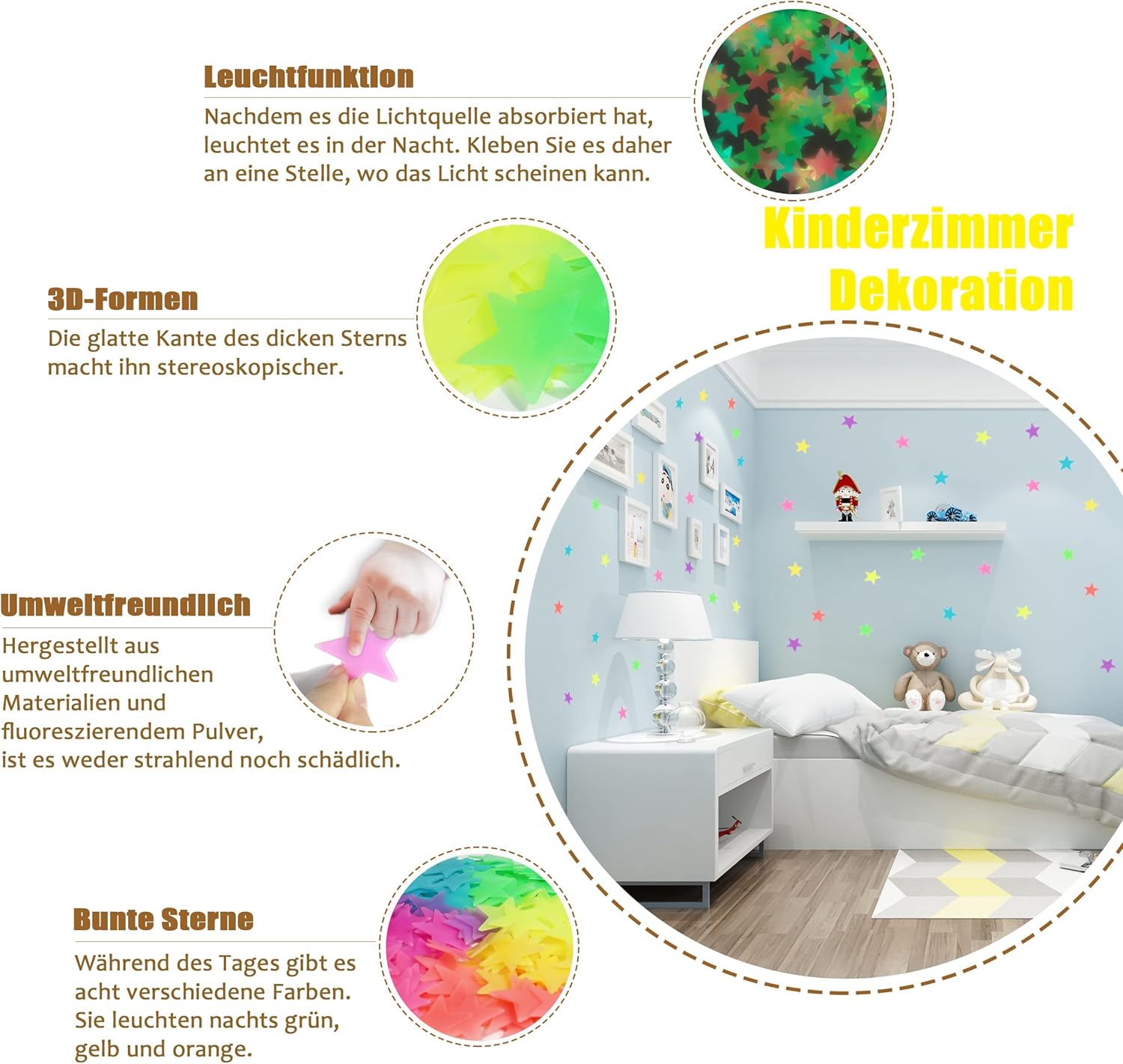 Thumbnail 2 de GLOCARNIVAL Leuchtende Sterne Wandsticker für die Decke (200 Stück) – selbstklebend, 3D-Leuchtsterne und Mond fürs Kinderzimmer