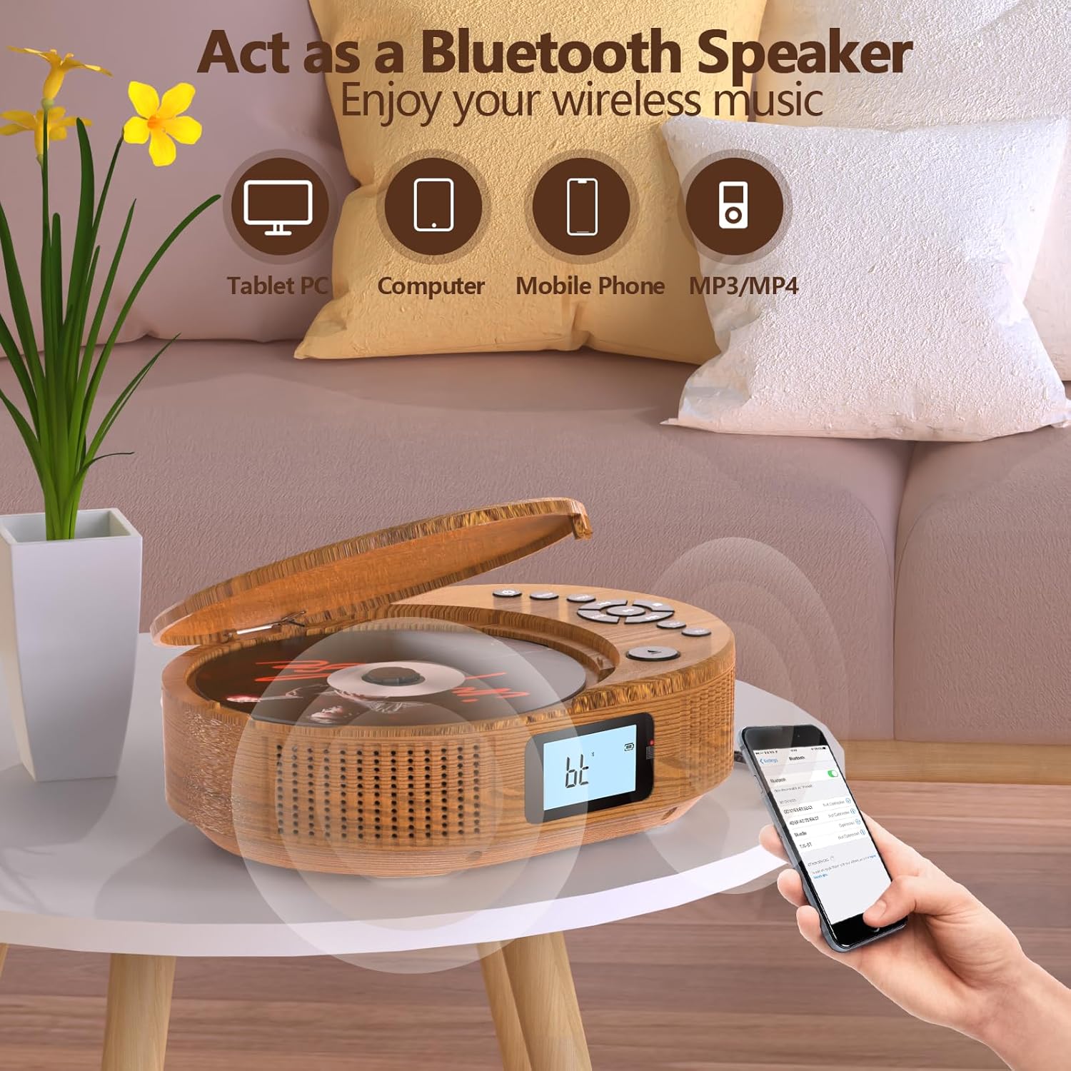 Detalle 2 de Lecteur CD Boombox 2-en-1 Bluetooth rechargeable avec radio FM et haut-parleur (télécommande, AUX/USB, prise casque)