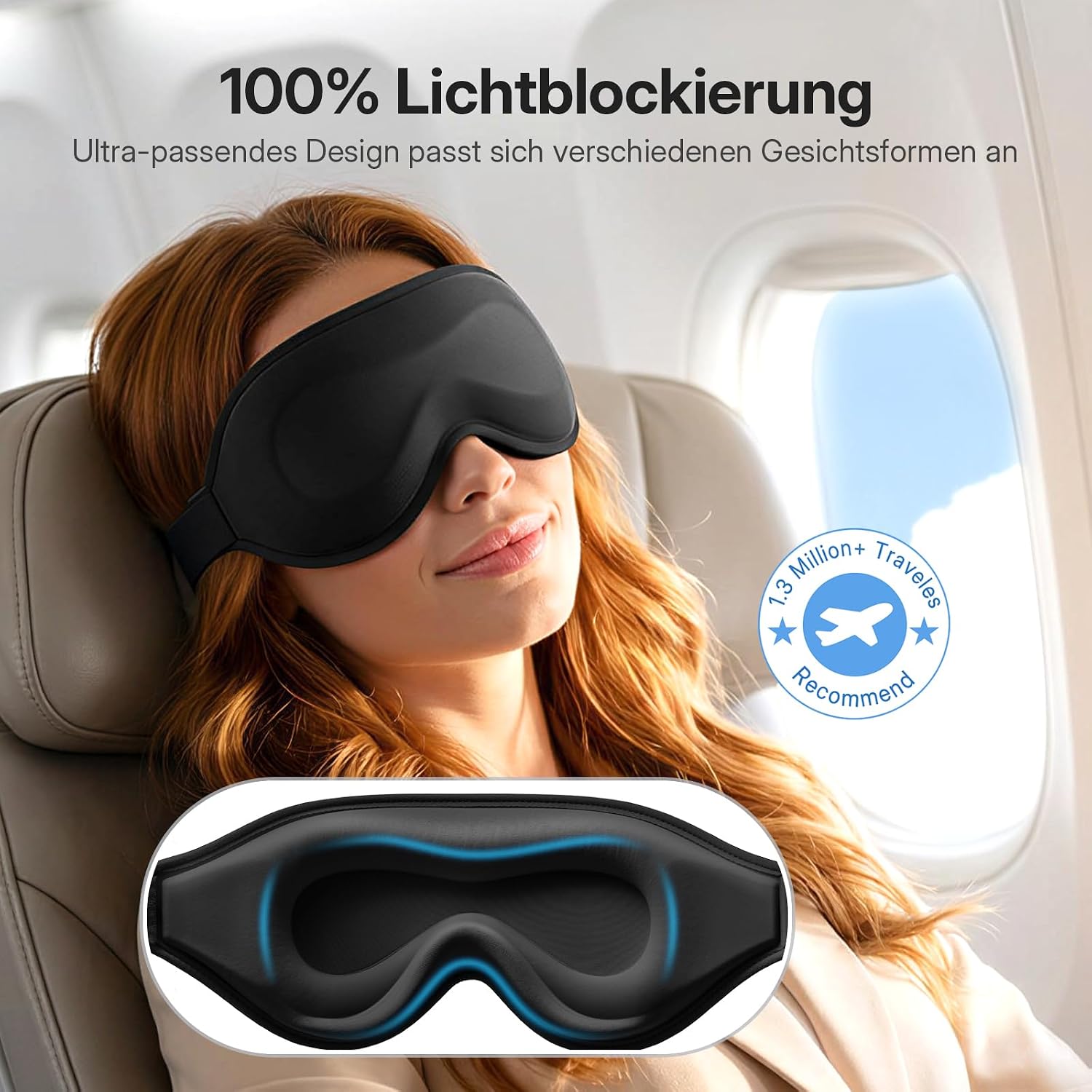 Detalle de LitBear 3D Schlafmaske – Dunkelheit für Seiten-, Rücken- und Bauchschläfer (Schwarz)