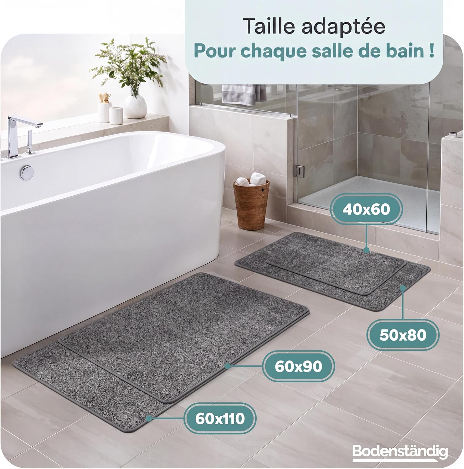 Detalle de BODENSTÄNDIG® badvorleger, donkergrijze badmat 40 x 60 cm met korte vezels