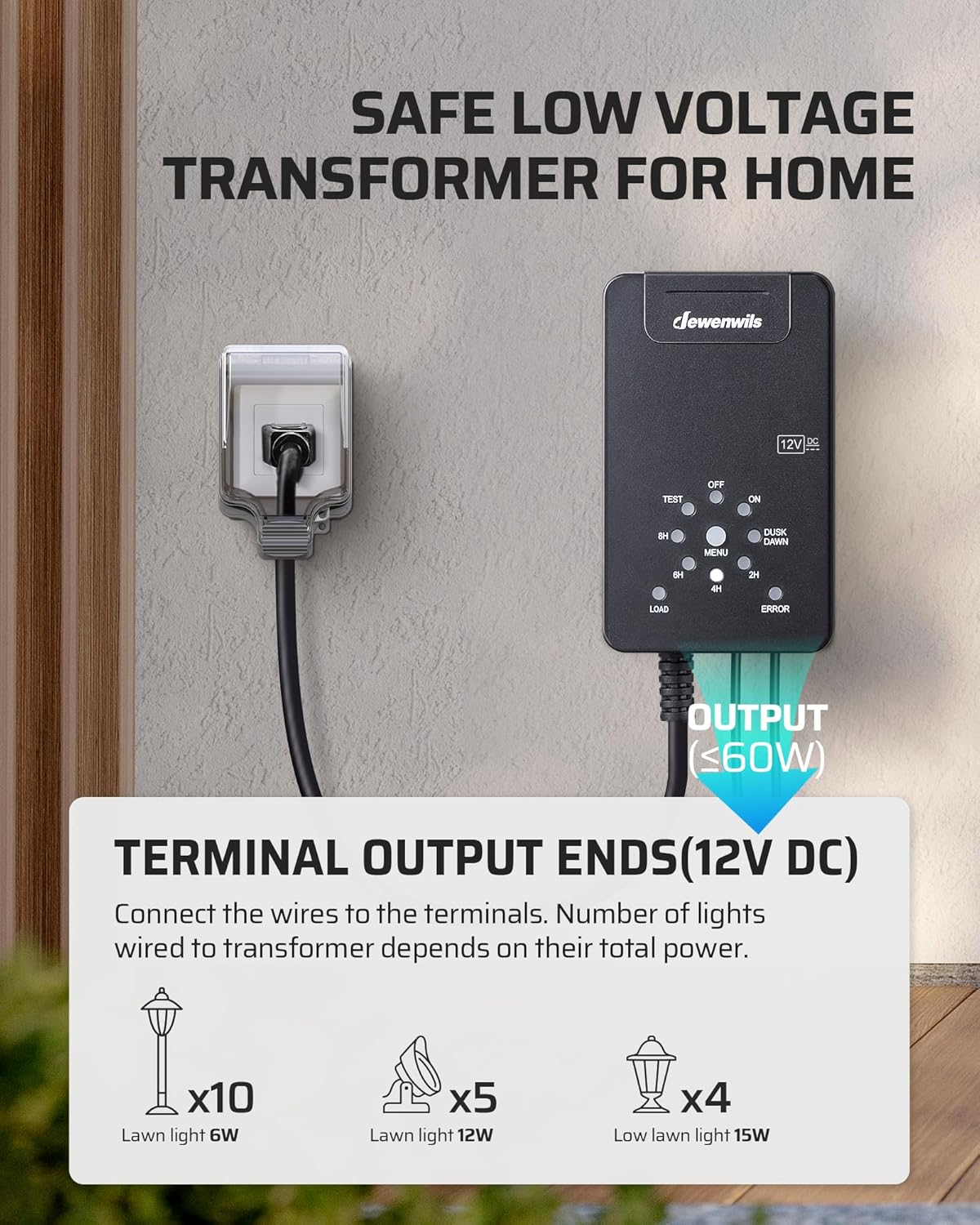 Detalle de DEWENWILS 60W Low Voltage Transformer with Dusk-to-Dawn Sensor and Countdown Timer