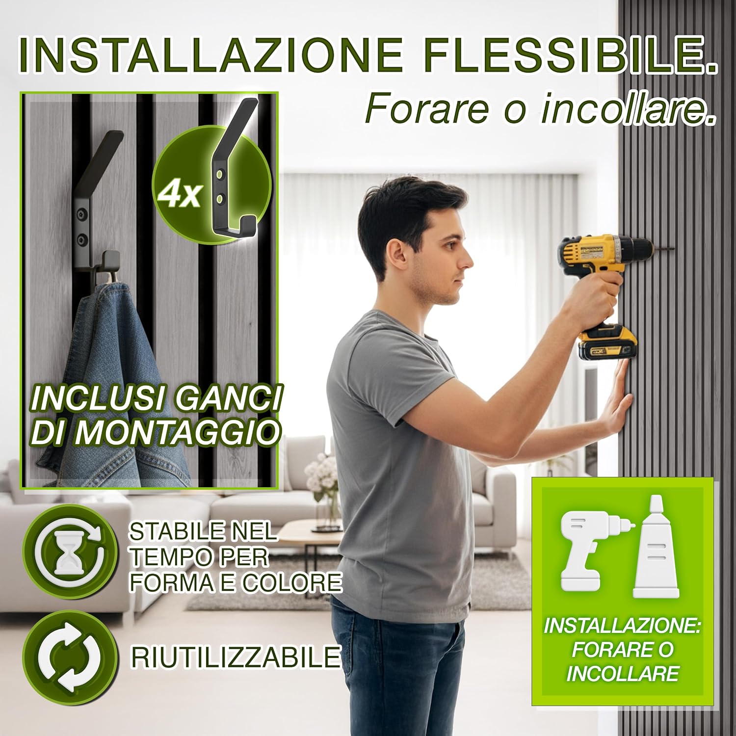 Detalle de Pannelli acustici TRESKO in legno 120 x 60 cm con ganci per abiti – design 3D rovere grigio
