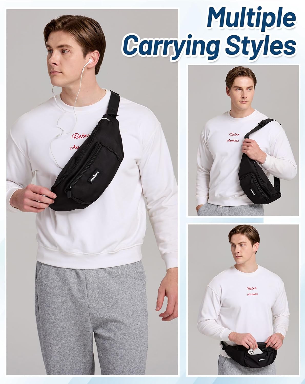 Detalle de MOCOCITO Grande Banane Homme & Femme — Sac banane imperméable avec housse de pluie intégrée, 52–152 cm, porte-bouteille 1L, idéal vélo et trekking