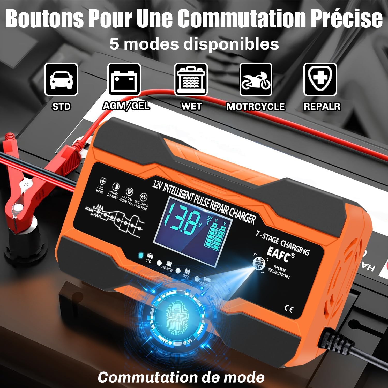 Detalle de EAFC Chargeur de Batterie Voiture 12A 12V Intelligent avec écran LCD – Maintien et Réparation par impulsions