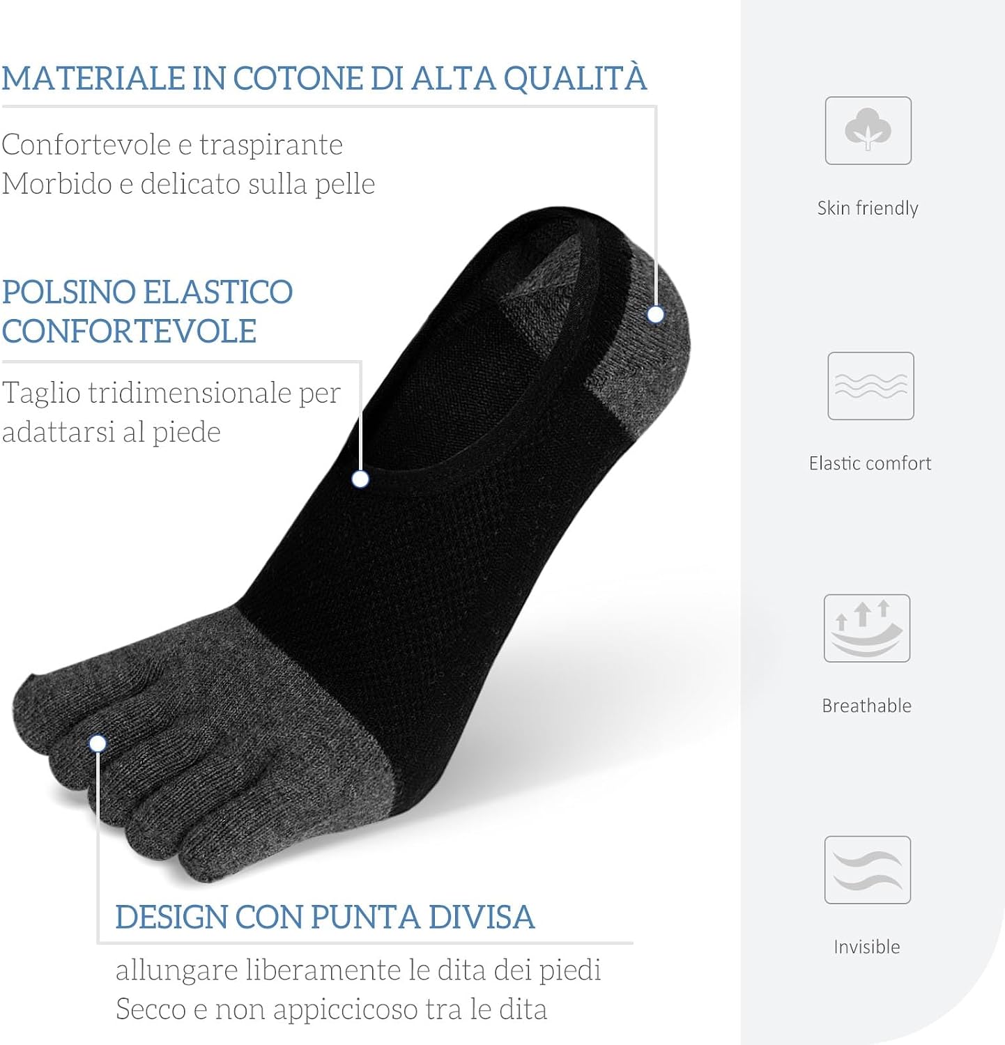 Detalle de PUTUO Calzini Fantasmini con Dita da Uomo a 5 Dita, invisibili sportivi e traspiranti in cotone (4 paia, 39-46)