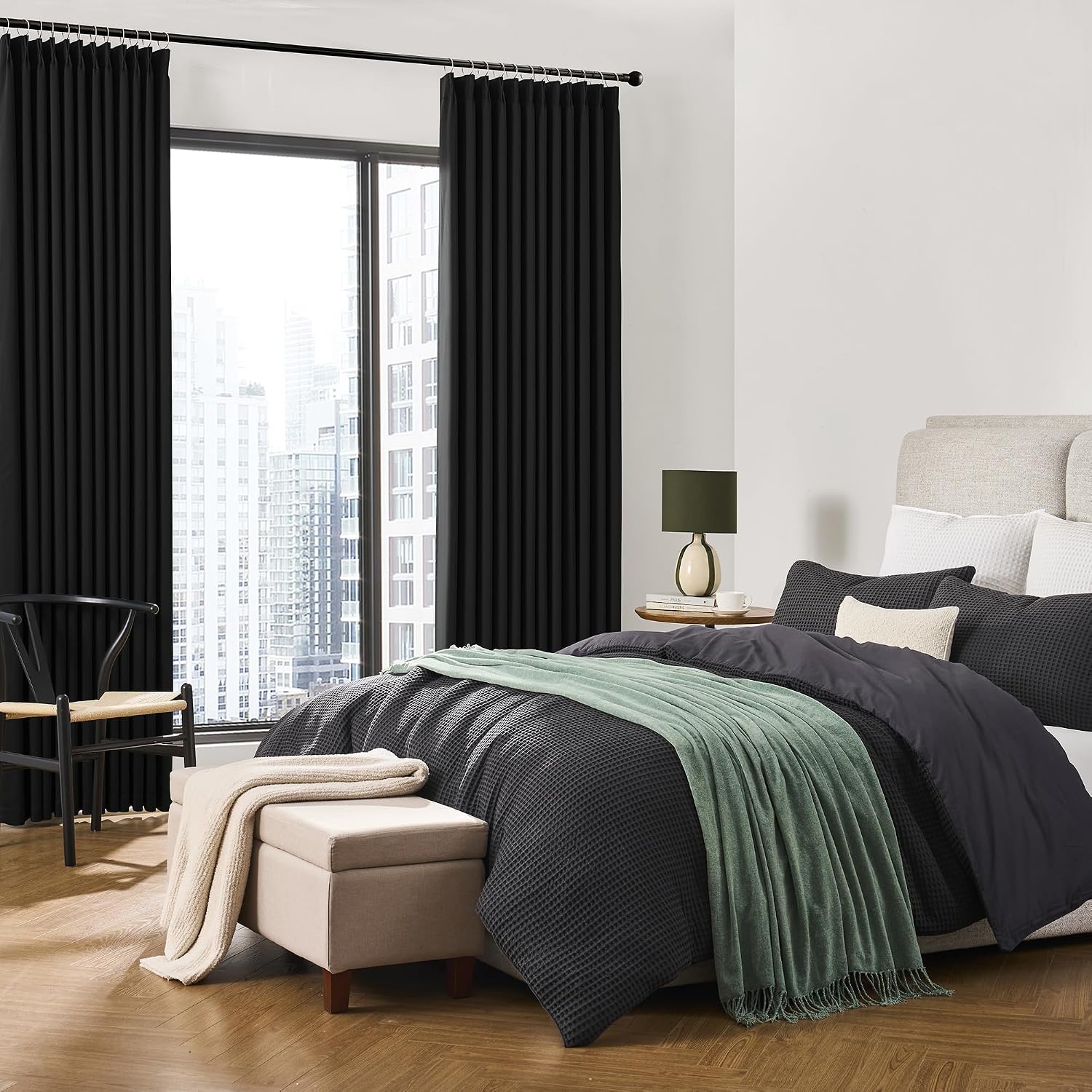 Detalle 2 de KEQIAOSUOCAI Black Pinch Pleated Curtains 80ร84 ๐ช