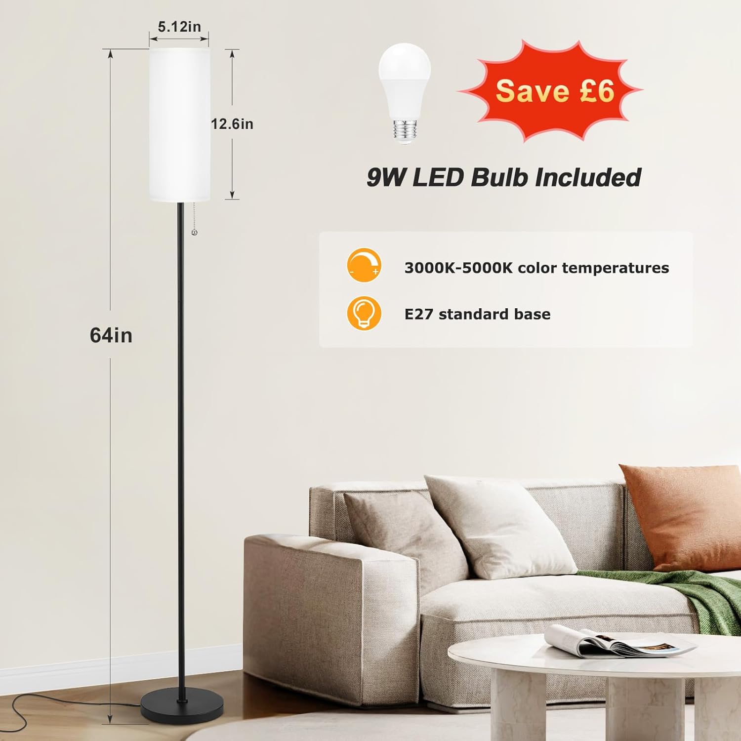 Thumbnail 2 de Aooshine White floor lamp with 64 inch pole