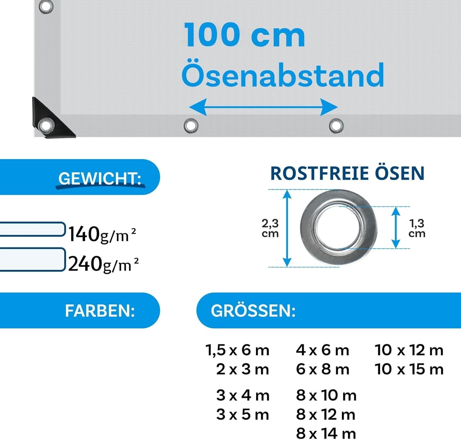 Thumbnail 6 de etm Abdeckplane 140 g/m² wasserdicht 6 x 10 m Weiß – Allzweckplane für Schutz vor Witterung