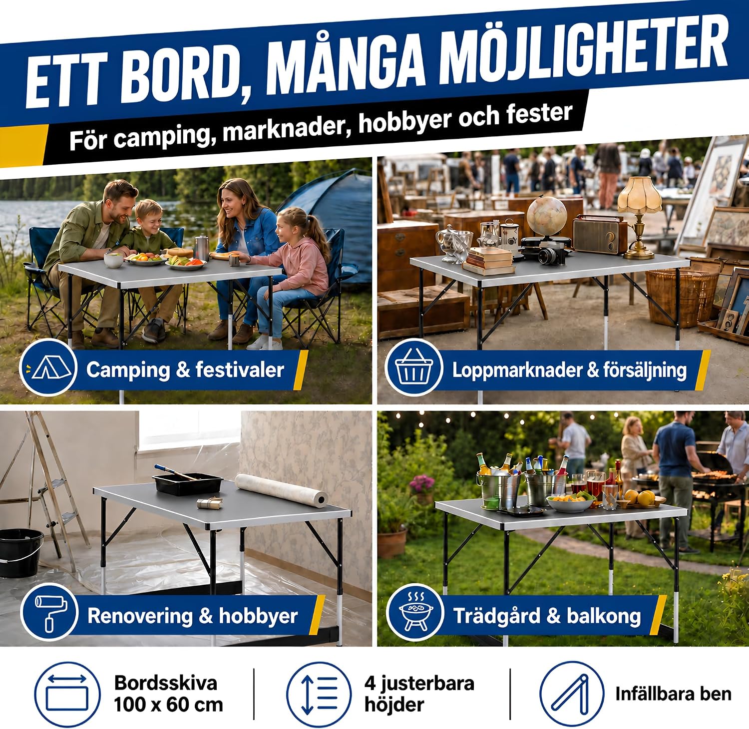 Thumbnail 2 de GOODS+GADGETS 3169011 hopfällbart bord, 100 × 60 cm med fyra höjdlägen