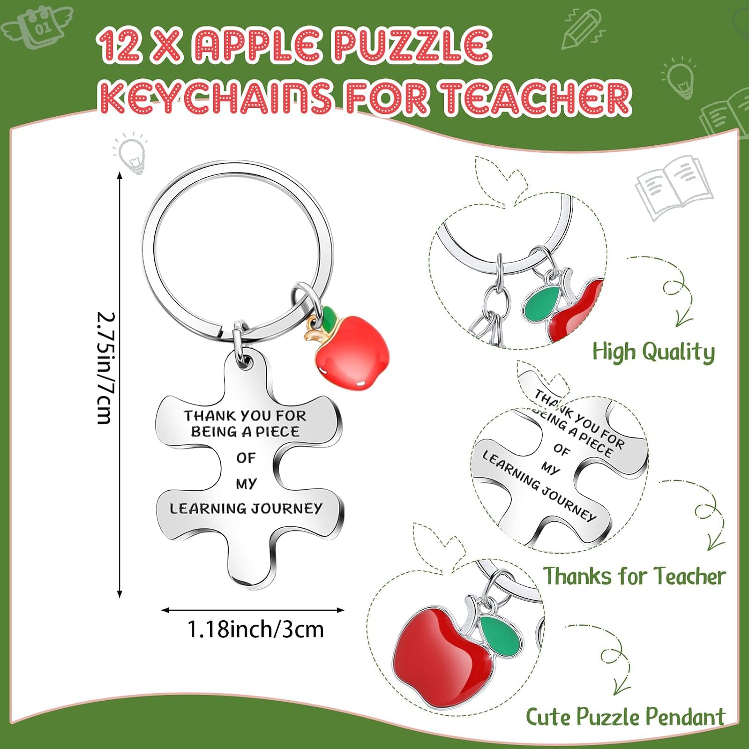 Detalle de Johiux 12 Sets Thank You Gifts for Teachers: Apple Themed Keychains, Pens & Cards in Organza Bags