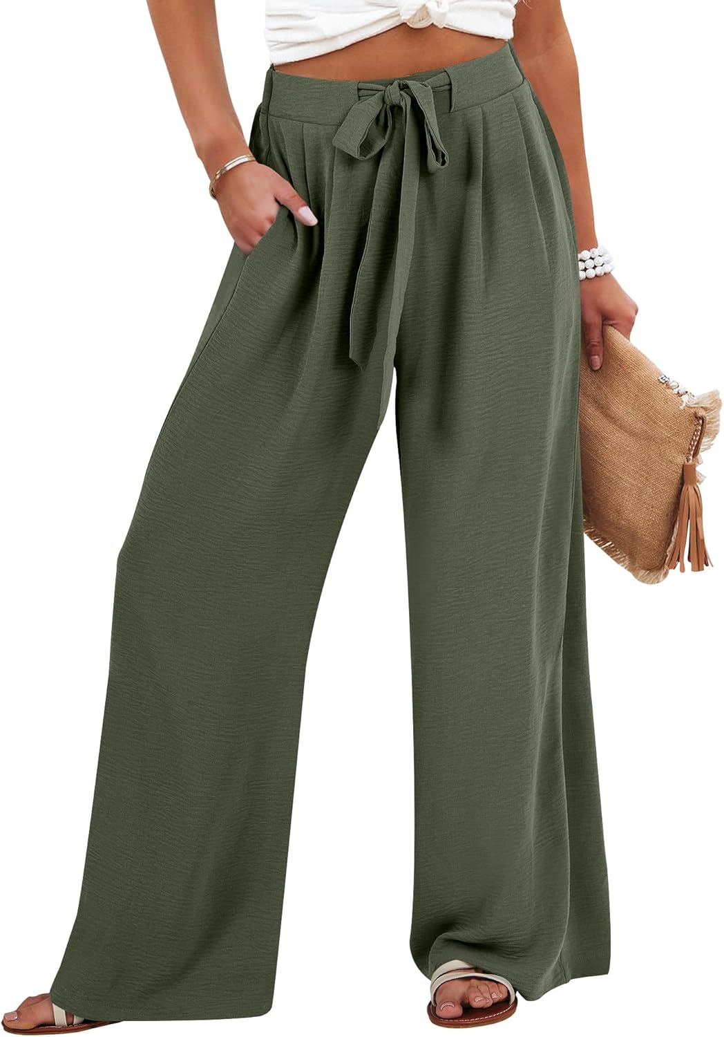 Detalle de Caracilia Wide Leg Palazzo Pants for Women – Summer High Waist, Flowing Beach Ready Lounge Trousers