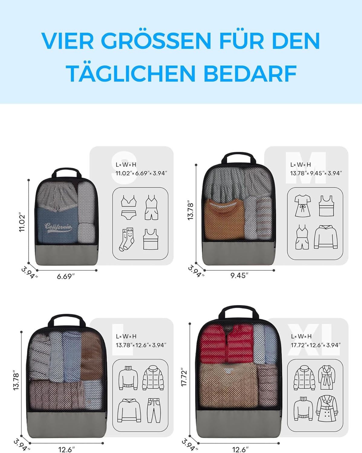 Detalle de BAGLHER Packwürfel Kompression für die Reise – leistungsstarkes 4‑teiliges Set mit wasserdichten Packtaschen in Grau