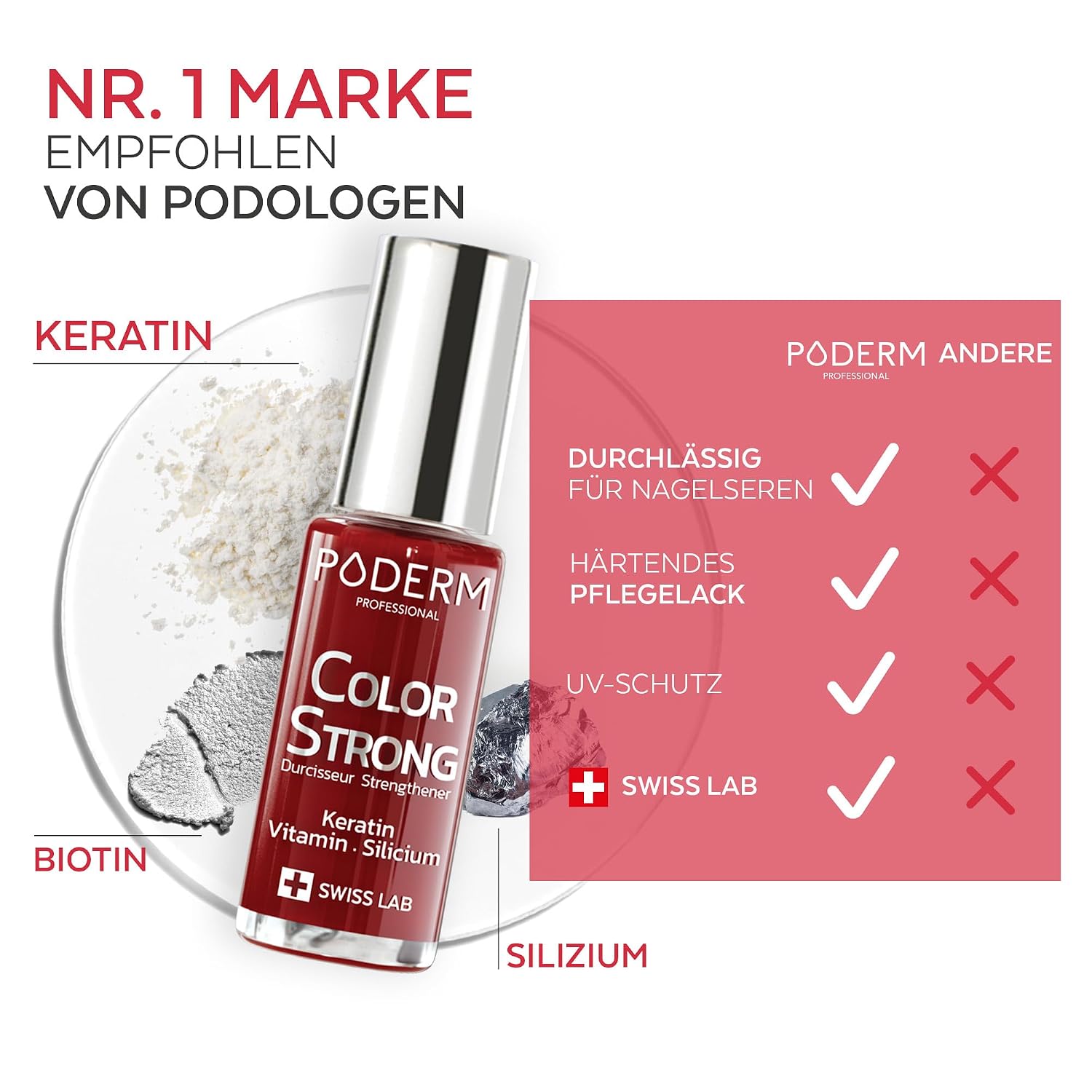 Detalle de PODERM Nagelhärter Lack Allurarot – Stärkt und repariert brüchige Nägel, entwickelt von einem Podologen (Schweiz)
