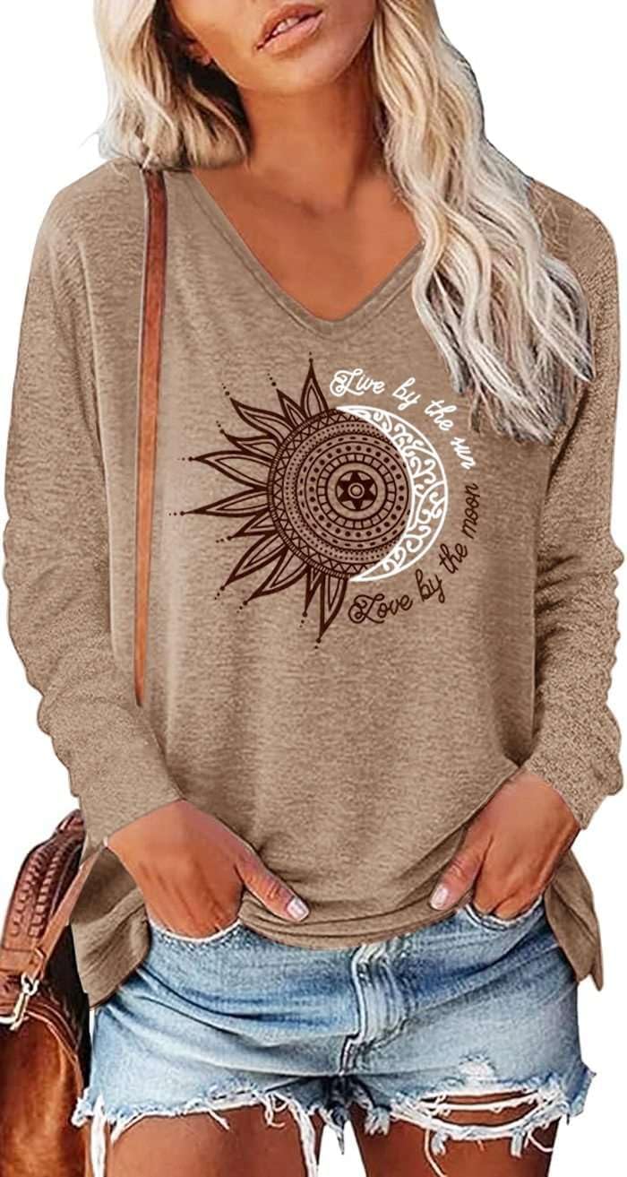 Detalle de Teesho Tshirt Damen Langarm V‑Ausschnitt Baumwollmix