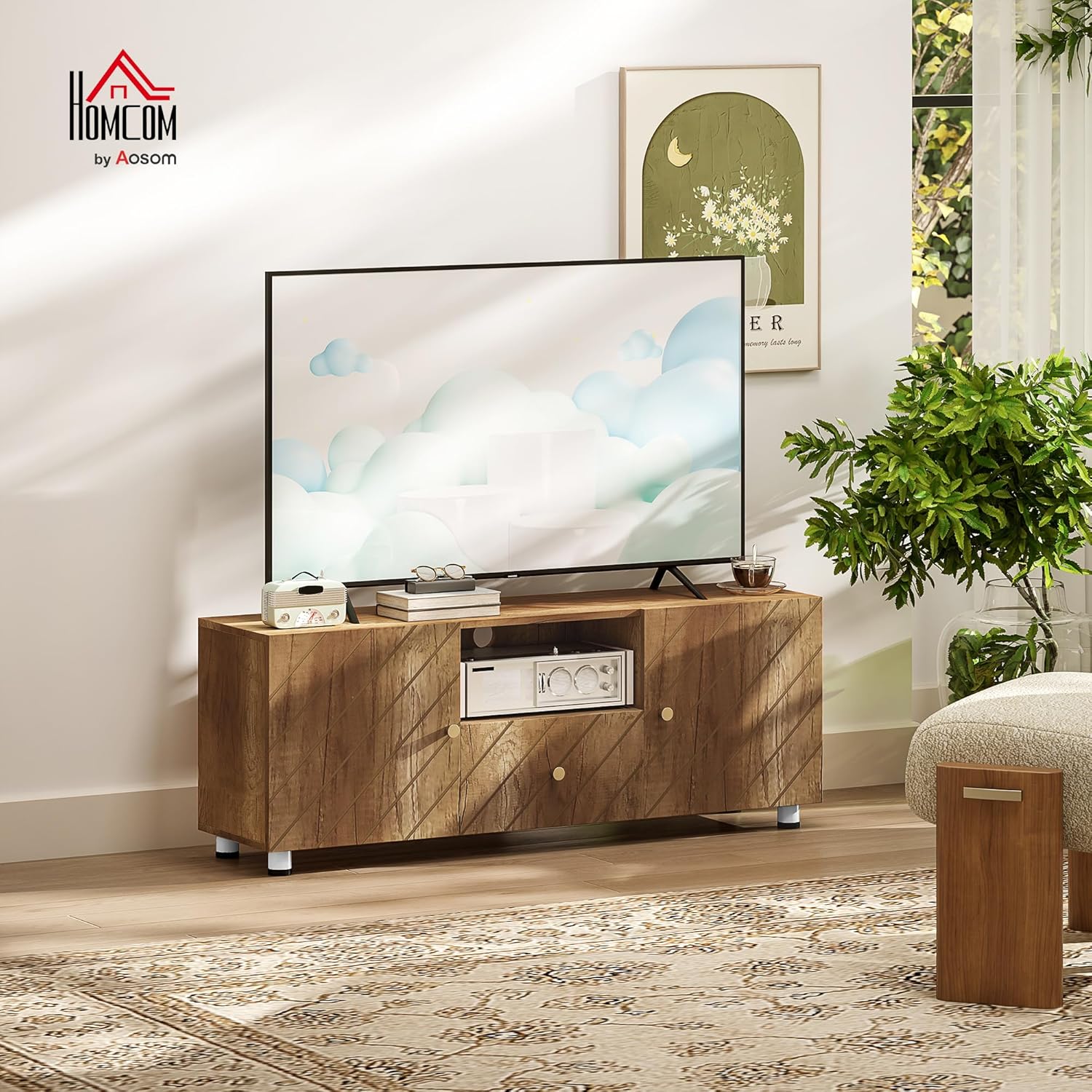 Thumbnail 1 de HOMCOM Meuble TV en Bois Naturel – Banc TV 120 x 30 x 45 cm, jusqu’à 50 pouces, 2 armoires, compartiment ouvert et tiroir