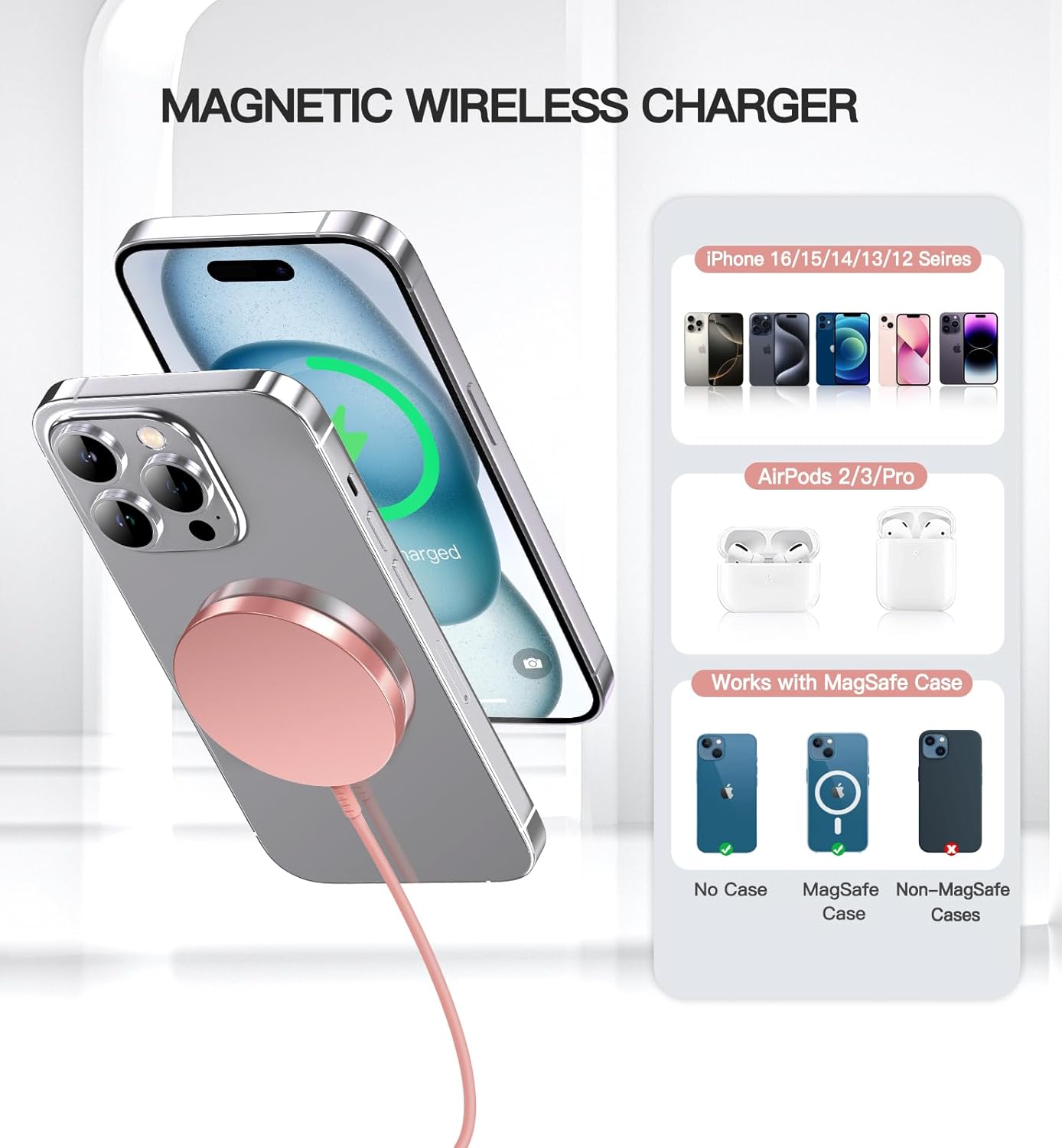 Detalle de OANDYS MagSafe Charger 2 Pack — 15W Fast Magnetic Wireless Charger for iPhone 17/16/15/14/13/12 Series & AirPods