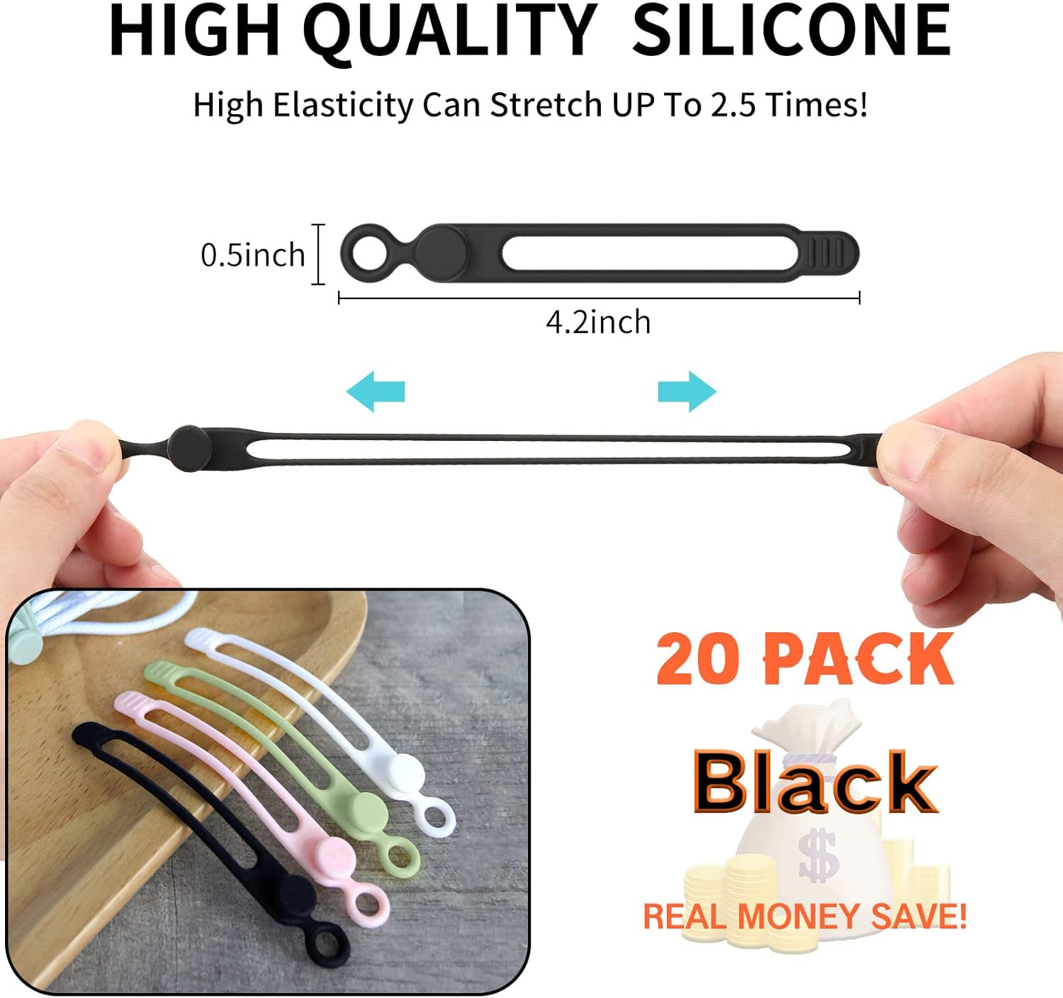 Thumbnail 1 de UMUST [20Park] Silicone Cable Ties (Black) — Reusable Elastic Cord Organizer, 20-Pack