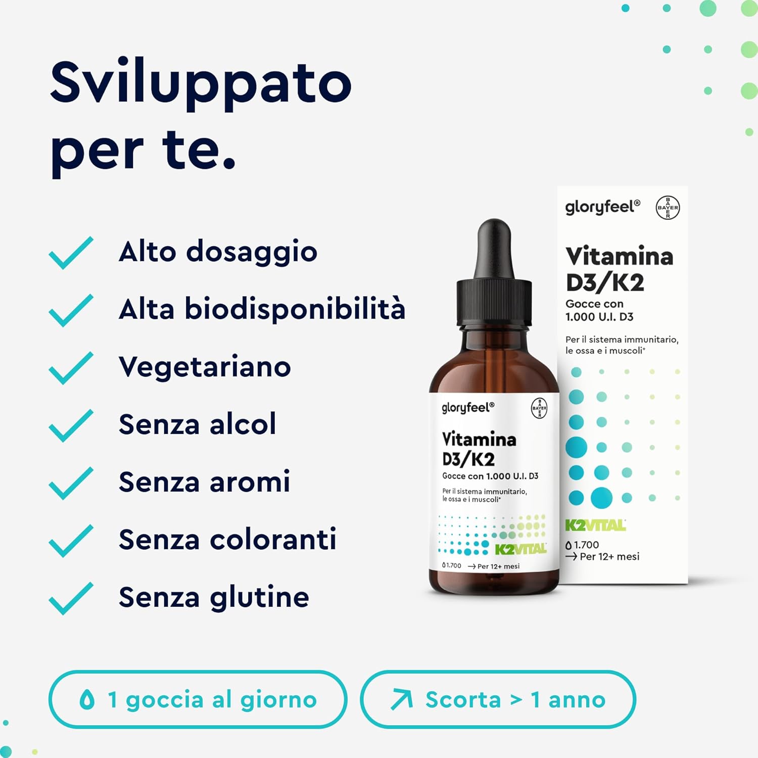 Detalle de Vitamina D3 + K2 in Gocce Gloryfeel 50 ml: alta assunzione giornaliera in olio MCT