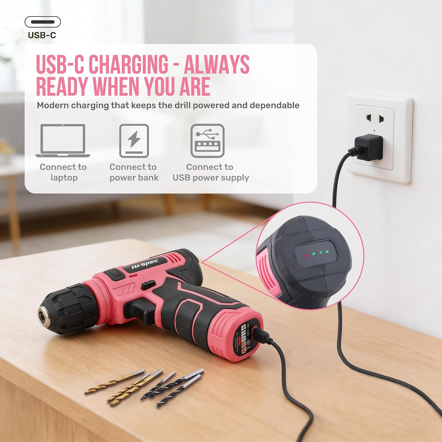 Detalle 1 de Hi-Spec DT30558P-DE 8V Cordless Drill and Pink Home Tool Set