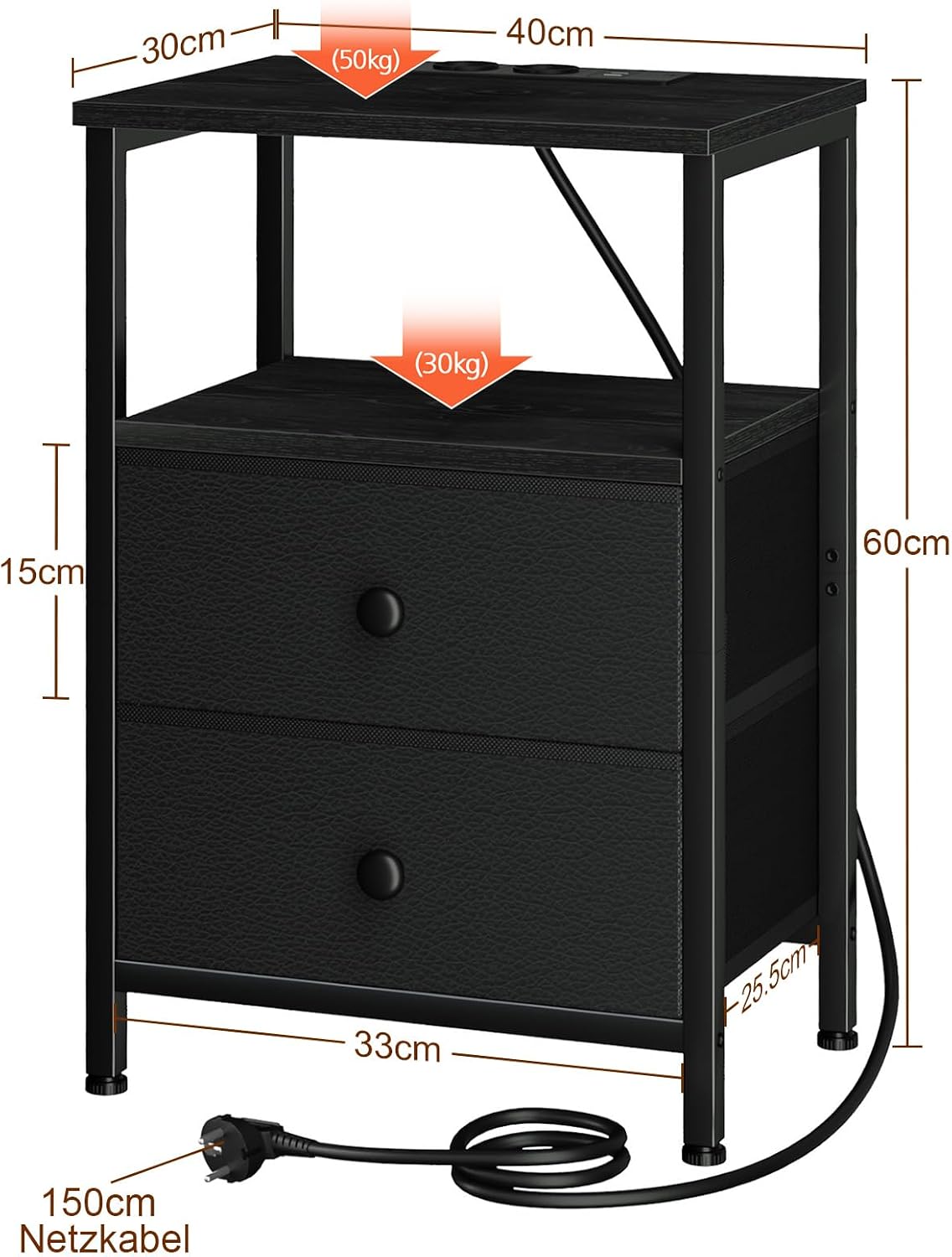 Detalle de AMHANCIBLE EHETS020BK-1 nachtkastje met laadstation, 2 stoffen laden en open plank