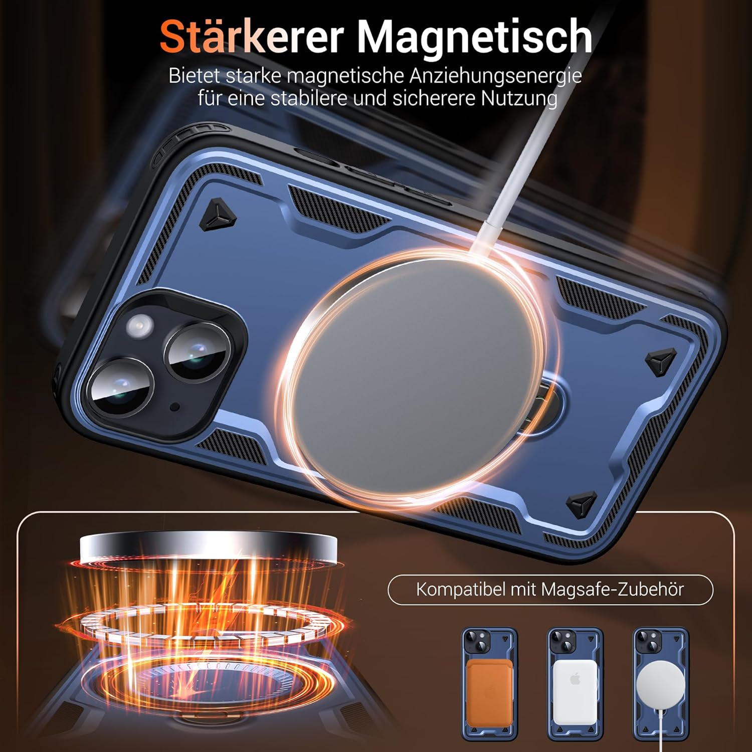 Thumbnail 4 de WYUIC Hülle für iPhone 14/13 mit drehbarem Ring-Ständer – robuste Stoß- und Kratzschutzhülle in Blau