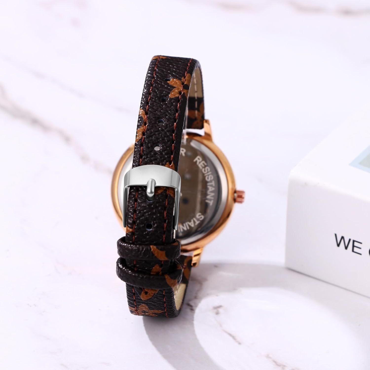 Detalle 2 de JewelryWe Damen Uhr Leder Diamant – Glitzer Strass Analog Quarz Armbanduhr